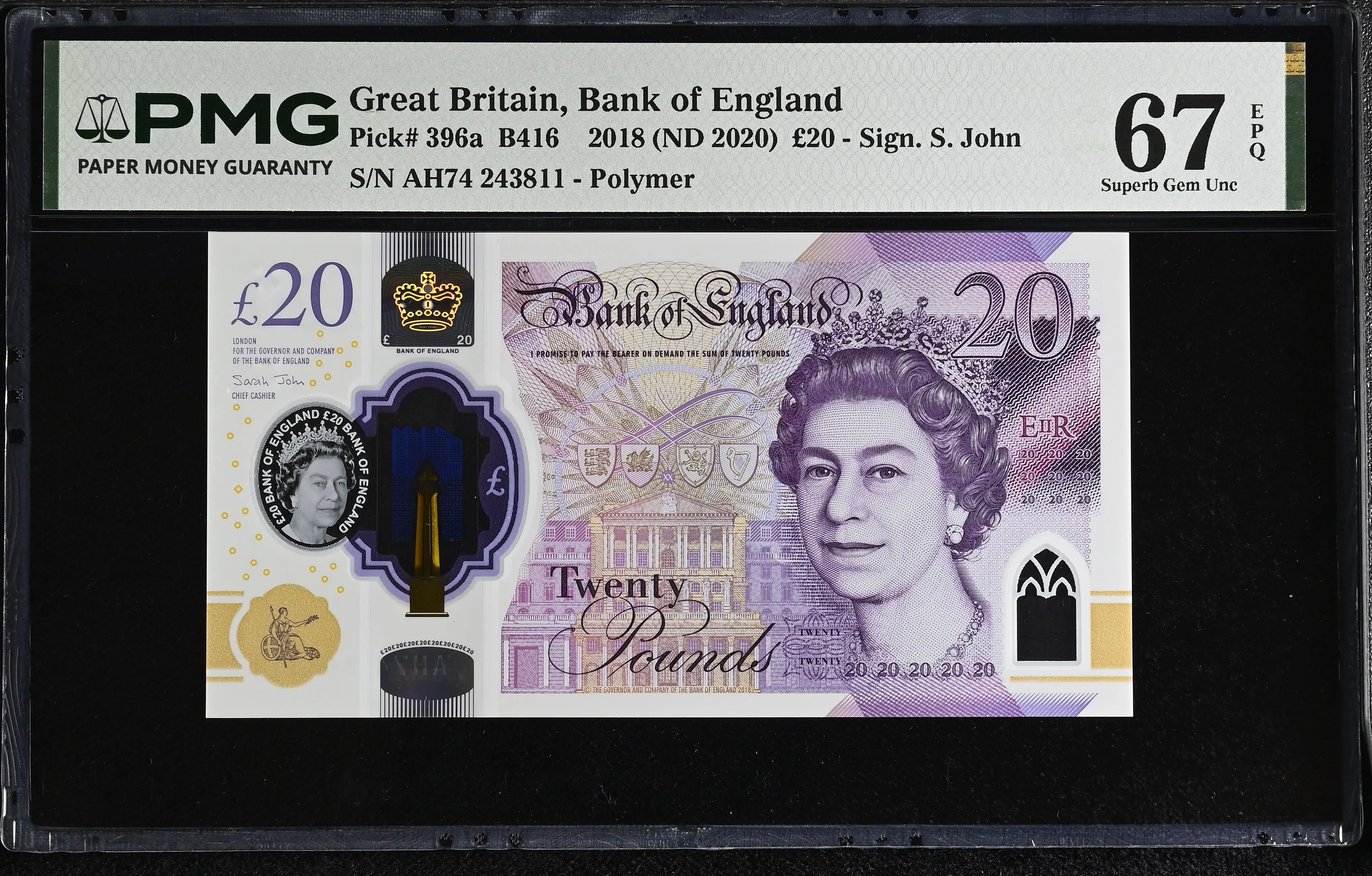 GB / England Queen Elizabeth II £20 396a AH74 243811 PMG 67 EPQ