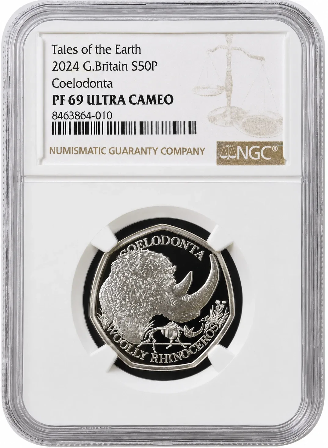 2024 Silver Proof 50p Coin "Woolly Rhinoceros" NGC Graded PF69 with Case & COA